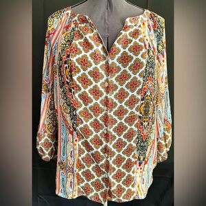 Fig and Flower Women's Multicolor Boho Print Blouse Large